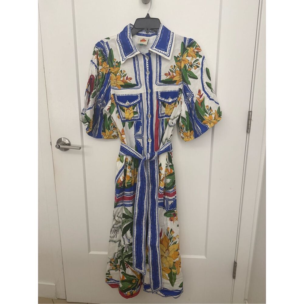 FARM Rio White Blue Tropical-Print Midi Shirtdress - Picture 7 of 7